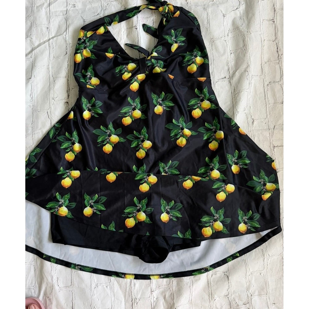 Lemon Print Halter Swim Dress with Built-in Shorts Black Yellow Plus Size 22